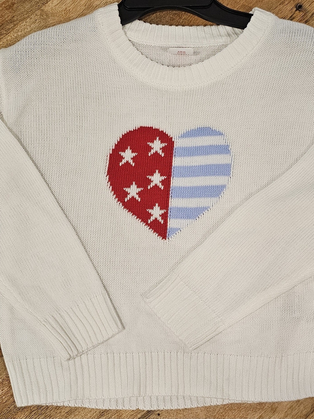 Girls' White Crewneck Sweater with Red & Light Blue Heart Motif
